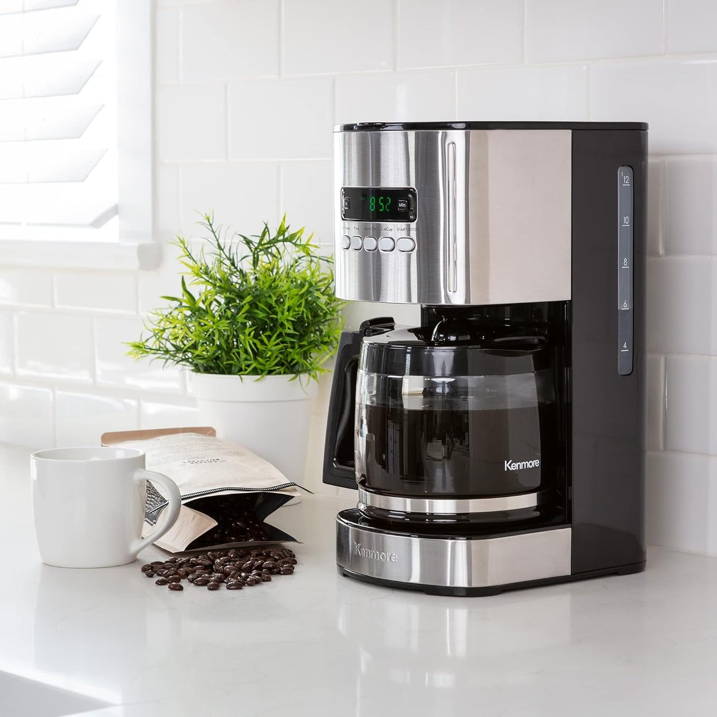 Kenmore Coffee Maker 12 cup Drip Coffee Machine Reusable Filter Programmable Timer Digital Display Aroma Control Glass Carafe Charcoal Water Filter Regular Bold Stainless Steel and Black