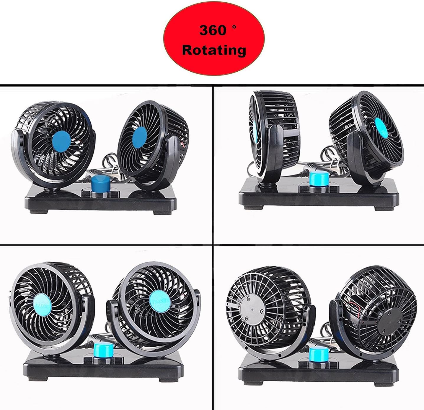 Itian 360° Rotating Double Mini Electric Car Fan - Dual Head Clip Fan for Car, SUV, RV, Boat, Adjustable Speeds, Includes Adhesive Stickers