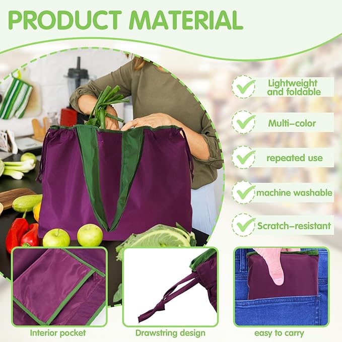 Reusable Grocery Bags Shopping Bags Colorful Foldable Tote Bulk with Pouch & Drawstring Machine Nylon Bags Lightweight
