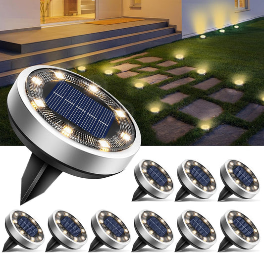 btfarm Solar Ground Lights, 10 Pack 8LED Solar Lights Outdoor Waterproof Garden, Pathway Lights Solar Powered in-Ground Lights, Disk Lights Landscape Lighting for Lawn Patio Yard Driveway, Warm White