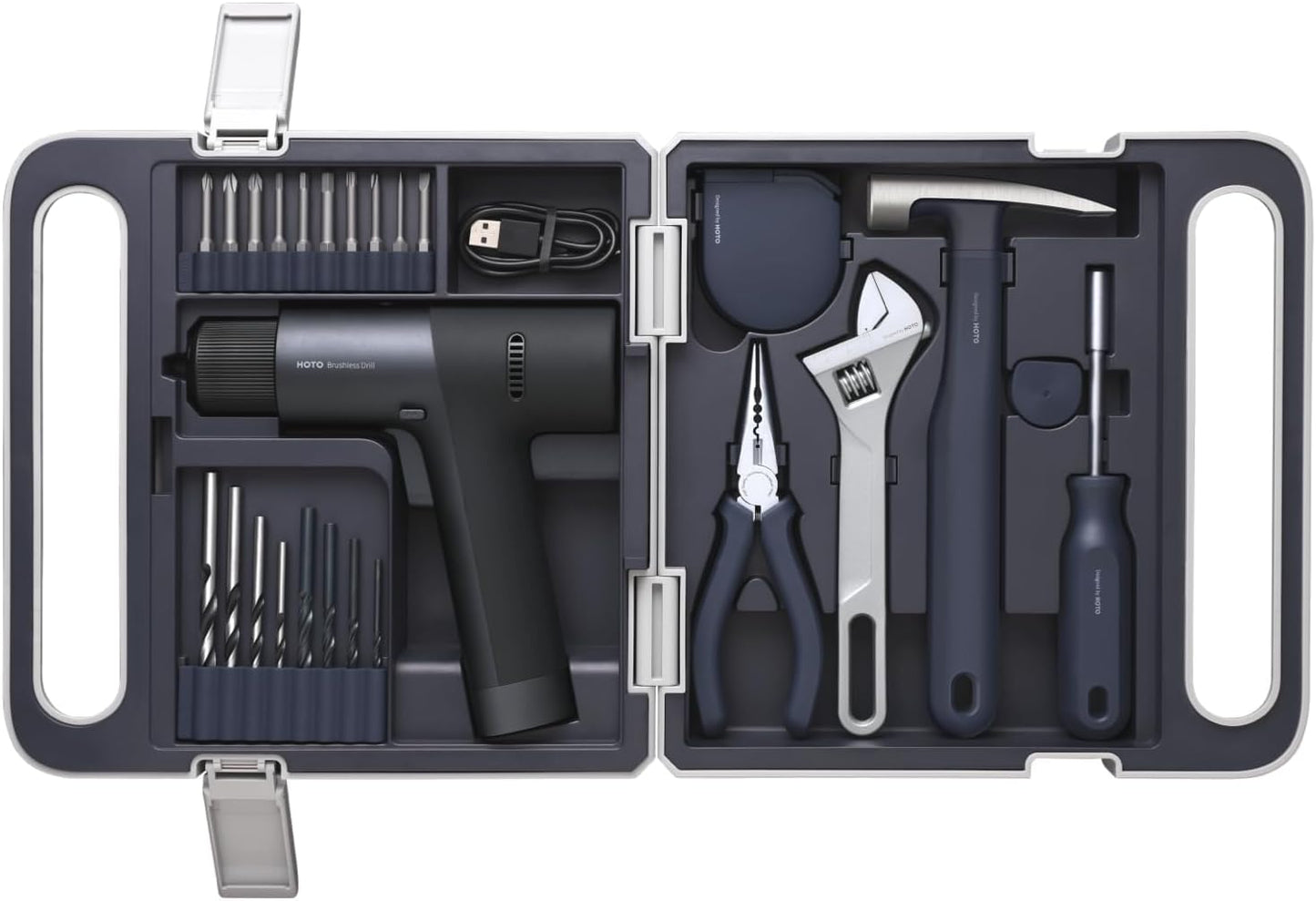 HOTO Brushless Drill Tool Kit, 12V Cordless Power Drill Tool Kit with LED Display, Includes Drill/10 Bits & 8 Drill Bits/Tape Measure/Plier/Spanner/Hammer/Screwdriver, Hidden Buckle Design