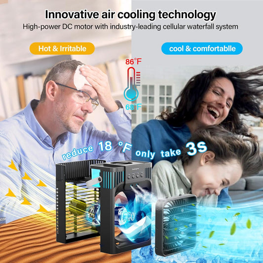 Portable Air Conditioner, LEAEYFE 3 Higher Speeds With 1200ml Extra Large Water Tank, 7 Color Lights 2/8 Hour Timer, 120° OscillatingCooling Fan For Desk, Home, Bed and Living Room