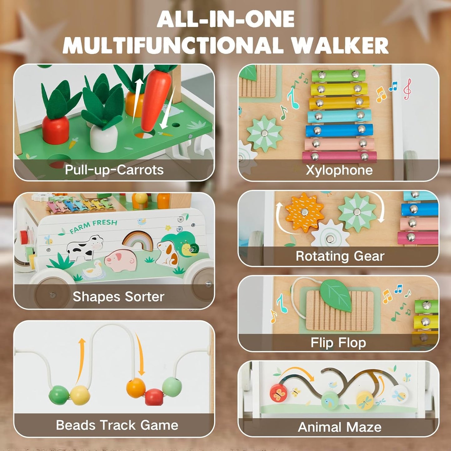 Wooden Baby Walker, Baby Push Walker Adjustable Speed Baby Walker Toddler Activity Center Toys Montessori Farm Walker Toy with Shape Sorter Carrot Wooden Toy for Boys and Girls