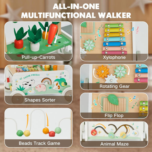 Wooden Baby Walker, Baby Push Walker Adjustable Speed Baby Walker Toddler Activity Center Toys Montessori Farm Walker Toy with Shape Sorter Carrot Wooden Toy for Boys and Girls - PuriLite