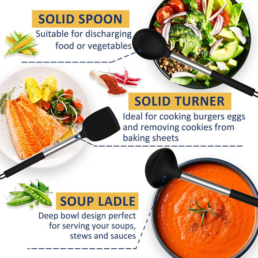 Silicone Cooking Utensil Set, Fungun 24pcs Silicone Cooking Kitchen Utensils Set, Non-Stick Heat Resistant - Best Kitchen Cookware with Copper Stainless Steel Handle - Black(Large, Non Toxic)