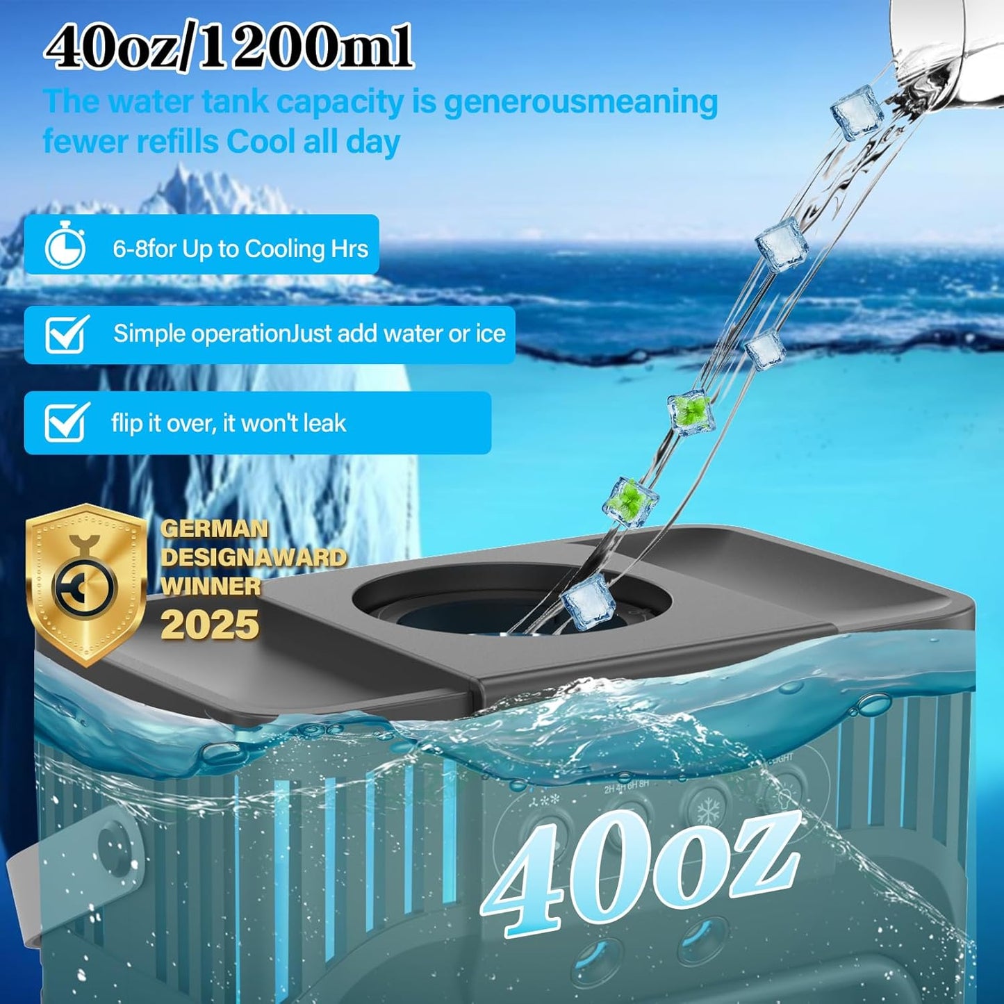Portable Air Conditioner, LEAEYFE 3 Higher Speeds With 1200ml Extra Large Water Tank, 7 Color Lights 2/8 Hour Timer, 120° OscillatingCooling Fan For Desk, Home, Bed and Living Room
