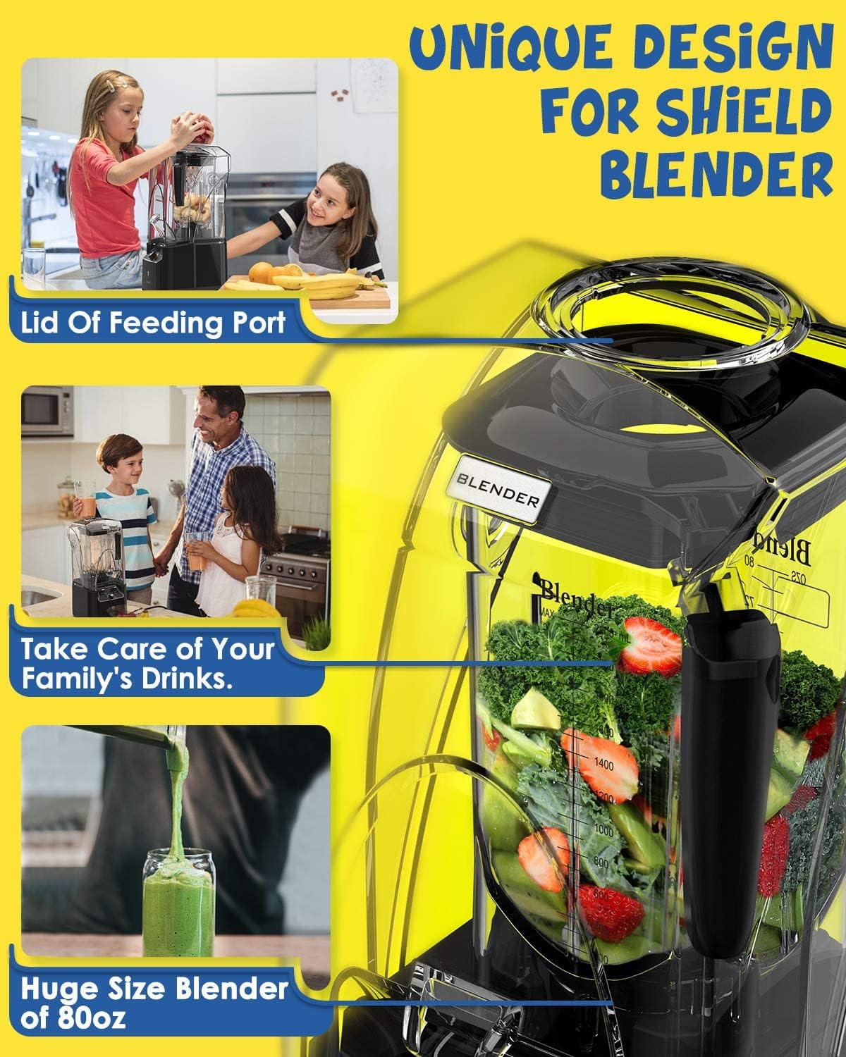 CRANDDI Commercial Quiet Blender 2200 Watt for Kitchen with Soundproof Shield Cover, Heavy Duty High Speed Blender with 80oz Pitcher and Self-Cleaning, K90 Black - PuriLite