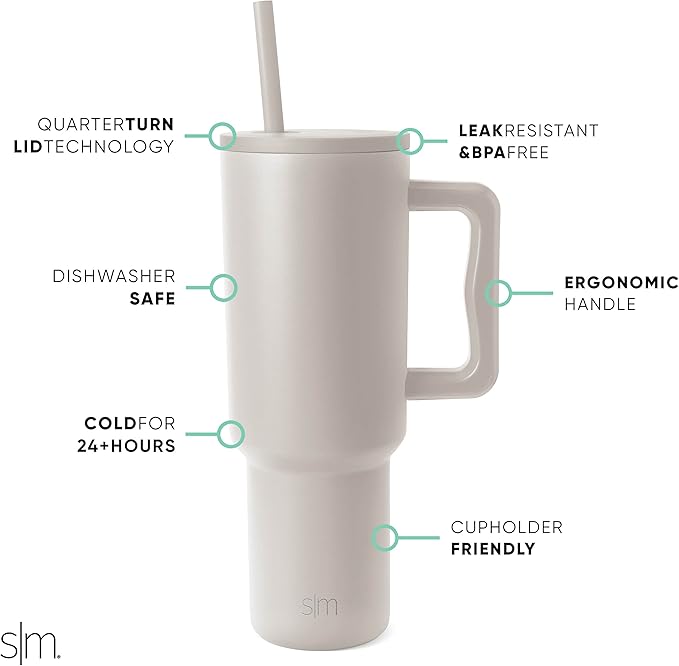 Simple Modern 40 oz Trek Tumbler with Handle and Straw | Insulated Stainless Steel Water Bottle Iced Coffee Cup Travel Mug | 40 oz | Almond Birch