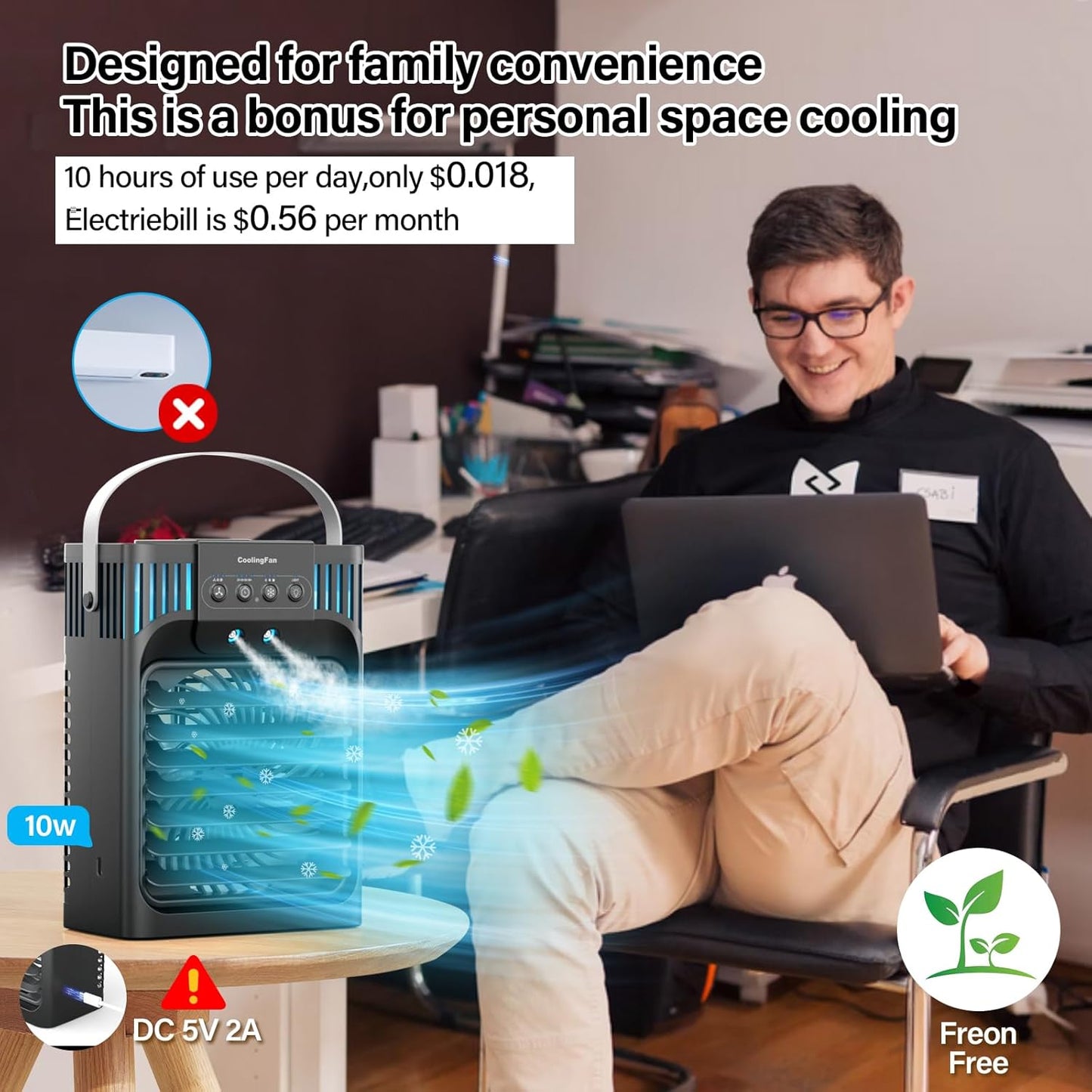 Portable Air Conditioner, LEAEYFE 3 Higher Speeds With 1200ml Extra Large Water Tank, 7 Color Lights 2/8 Hour Timer, 120° OscillatingCooling Fan For Desk, Home, Bed and Living Room