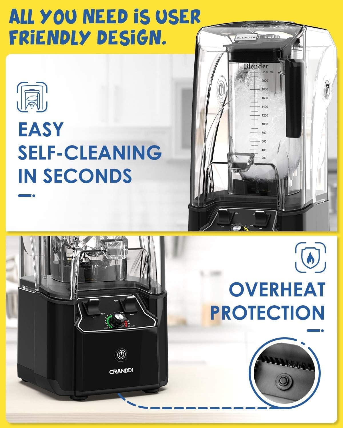 CRANDDI Commercial Quiet Blender 2200 Watt for Kitchen with Soundproof Shield Cover, Heavy Duty High Speed Blender with 80oz Pitcher and Self-Cleaning, K90 Black - PuriLite