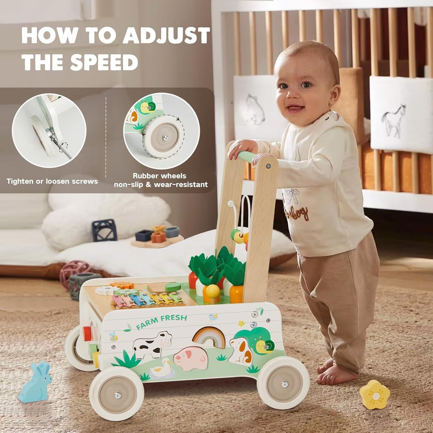 Wooden Baby Walker, Baby Push Walker Adjustable Speed Baby Walker Toddler Activity Center Toys Montessori Farm Walker Toy with Shape Sorter Carrot Wooden Toy for Boys and Girls