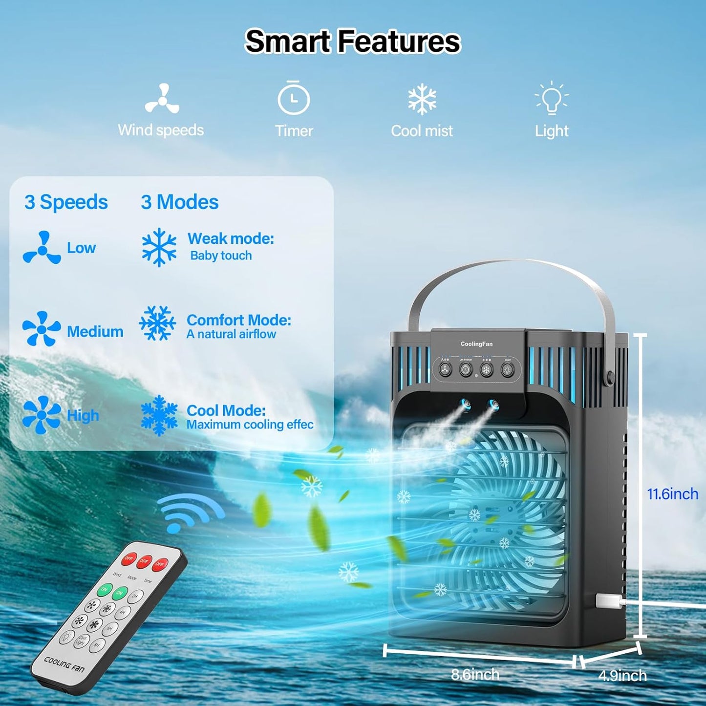 Portable Air Conditioner, LEAEYFE 3 Higher Speeds With 1200ml Extra Large Water Tank, 7 Color Lights 2/8 Hour Timer, 120° OscillatingCooling Fan For Desk, Home, Bed and Living Room