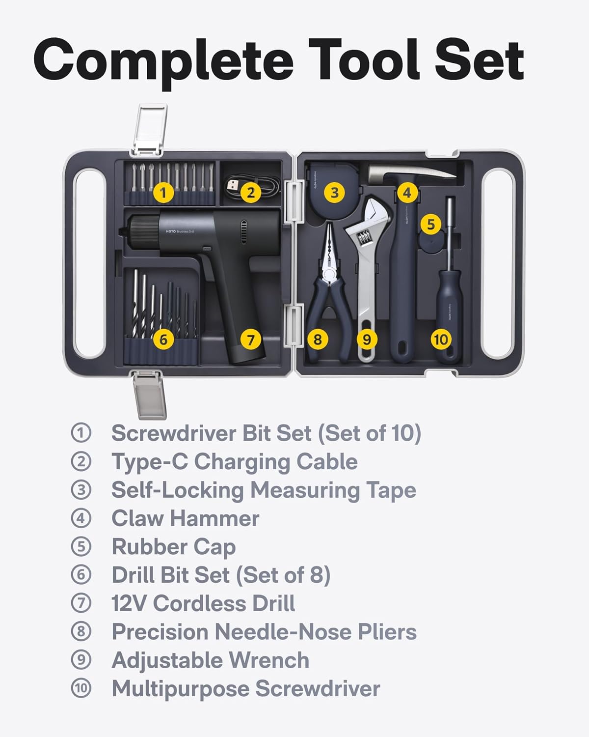 HOTO Brushless Drill Tool Kit, 12V Cordless Power Drill Tool Kit with LED Display, Includes Drill/10 Bits & 8 Drill Bits/Tape Measure/Plier/Spanner/Hammer/Screwdriver, Hidden Buckle Design