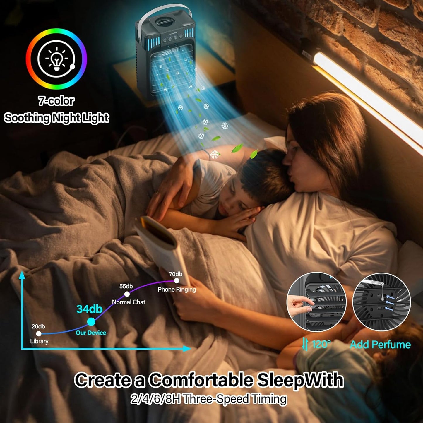 Portable Air Conditioner, LEAEYFE 3 Higher Speeds With 1200ml Extra Large Water Tank, 7 Color Lights 2/8 Hour Timer, 120° OscillatingCooling Fan For Desk, Home, Bed and Living Room