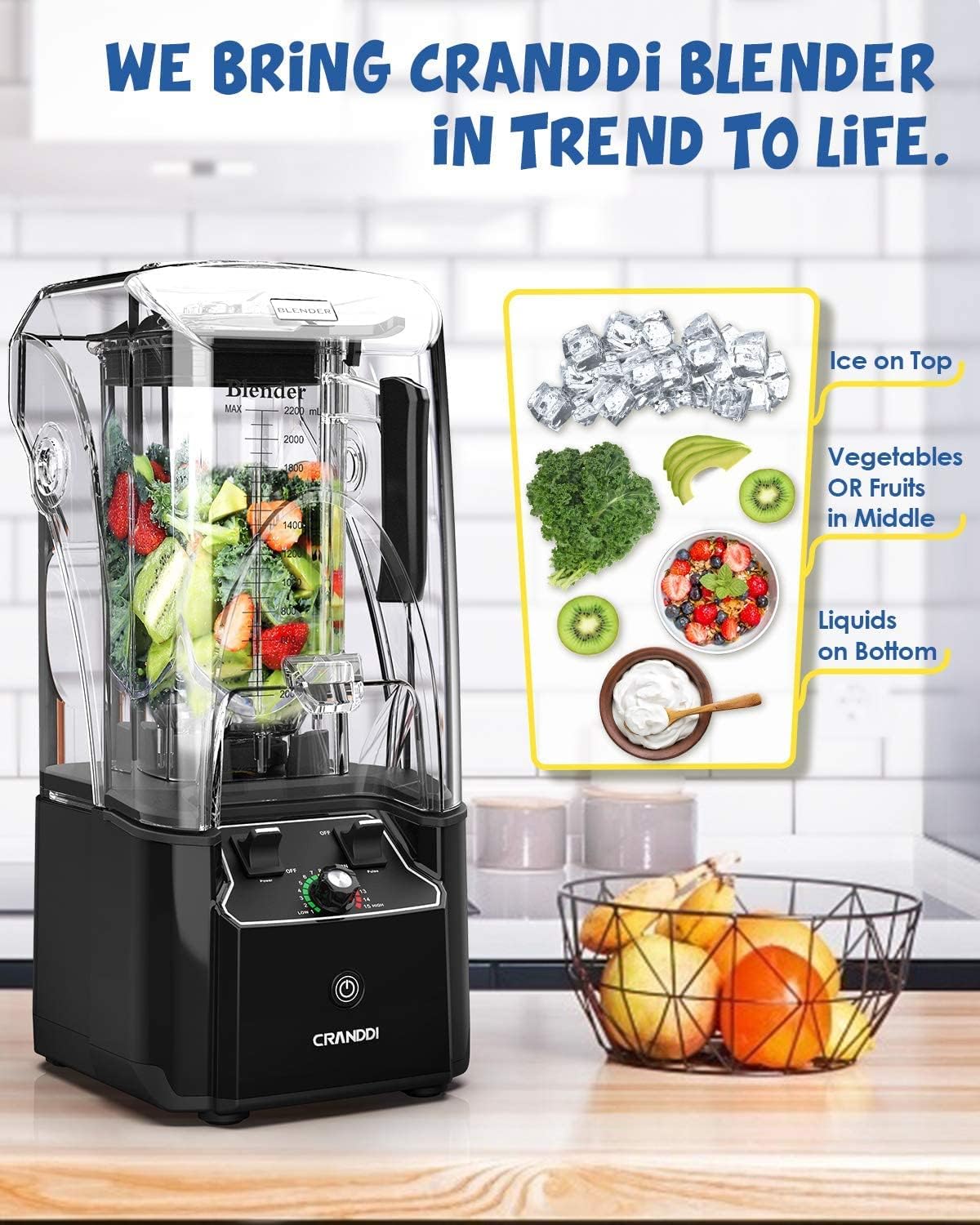 CRANDDI Commercial Quiet Blender 2200 Watt for Kitchen with Soundproof Shield Cover, Heavy Duty High Speed Blender with 80oz Pitcher and Self-Cleaning, K90 Black