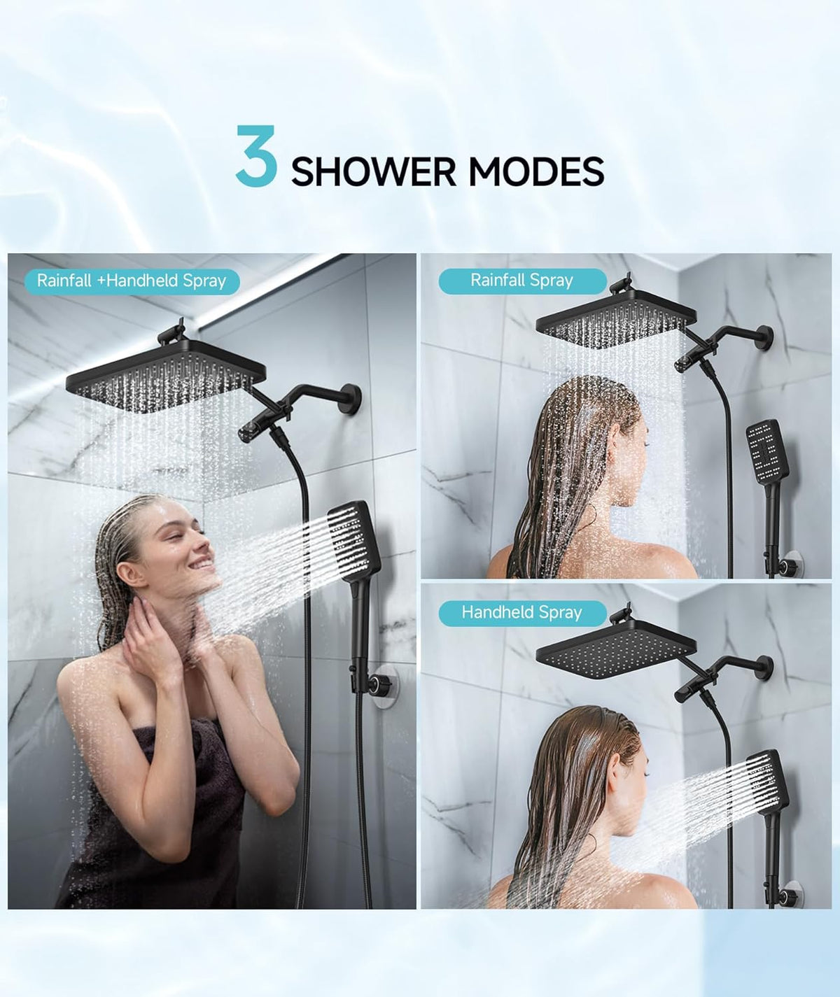 Purilite Select High Pressure Rain Shower Head with Handheld Spray – 12” Adjustable Dual Rainfall & Waterfall Shower Head Combo, Matte Black Bathroom Shower System - PuriLite