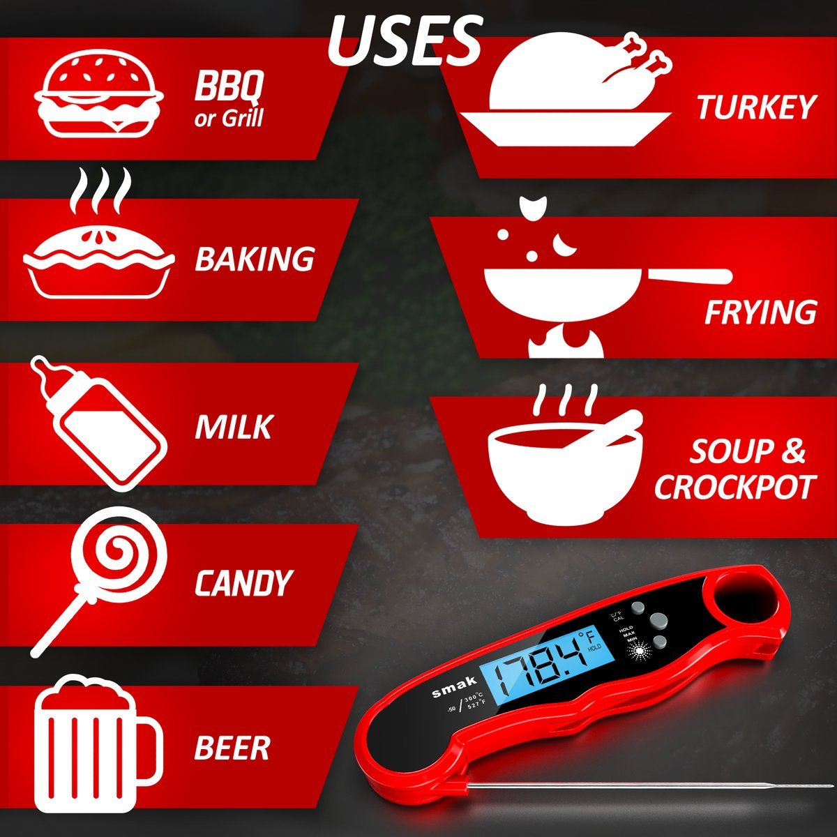 Digital Instant Read Meat Thermometer - Waterproof Kitchen Food Cooking Thermometer with Backlight LCD - Best Super Fast Electric Meat Thermometer Probe for BBQ Grilling Smoker Baking Turkey