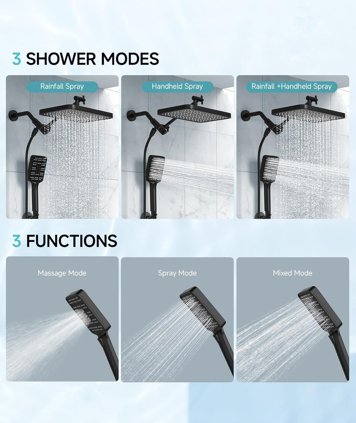 Purilite Select High Pressure Rain Shower Head with Handheld Spray – 12” Adjustable Dual Rainfall & Waterfall Shower Head Combo, Matte Black Bathroom Shower System - PuriLite