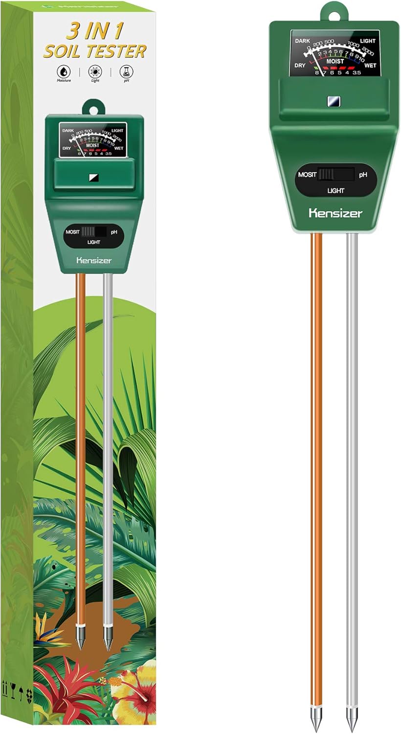Kensizer Soil Tester, 3-in-1 Soil Moisture/Light/pH Meter, Gardening Tool kit for Plants Care, Digital Plant Thermometer, Water Meter for Indoor & Outdoor, No Battery Required