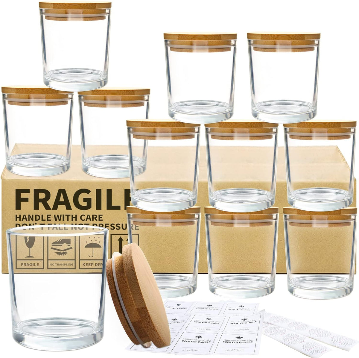 CONNOO 12Pack 10 OZ Clear Glass Candle Jars with Bamboo Lids