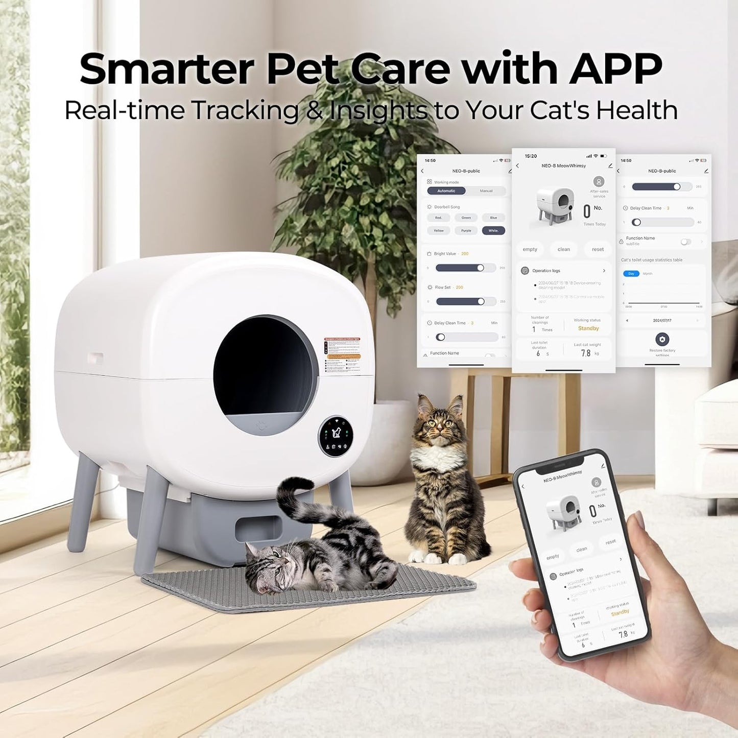 Fsitego Self Cleaning Cat Litter Box: Extra Large Automatic Litter Box for Multiple Cats, Odor-Free, App-Controlled, Ambient Light Waste Disposal