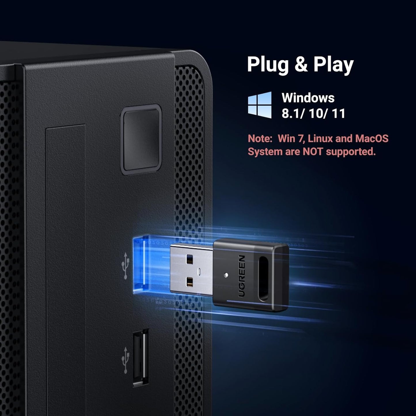 UGREEN Bluetooth 5.3 Adapter USB Bluetooth Dongle for PC Plug and Play for Windows 11 10 8.1 for Wireless Keyboard Mouse Headphone Speaker