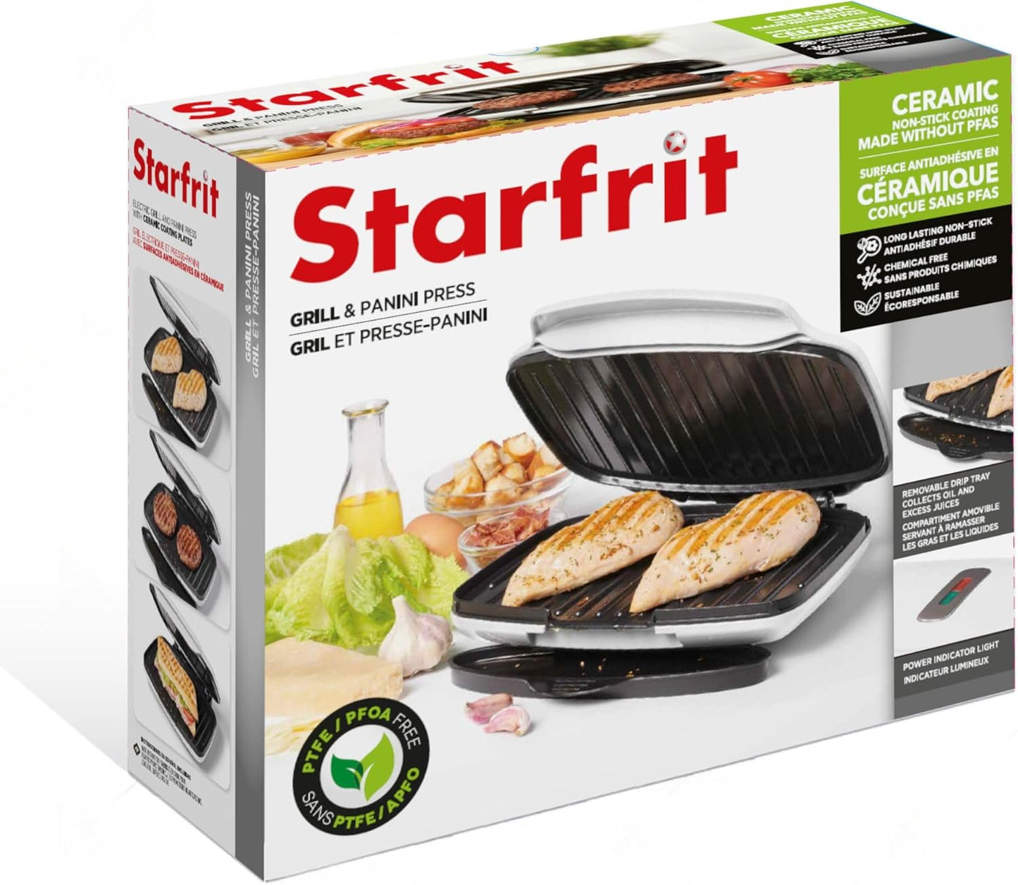 Starfrit Grill And Panini Press With Ceramic Coating - Non-Stick Coating - Removable Fat And Oil Collection - White