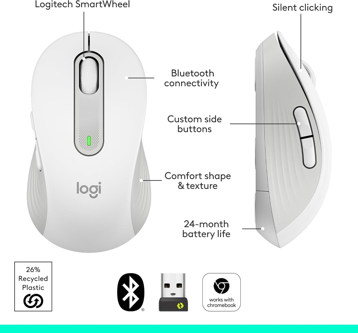 Logitech Signature M650 L Full Size Wireless Mouse - For Large Sized Hands, 2-Year Battery, Silent Clicks, Customizable Side Buttons, Bluetooth, for PC/Mac/Multi-Device/Chromebook - Black