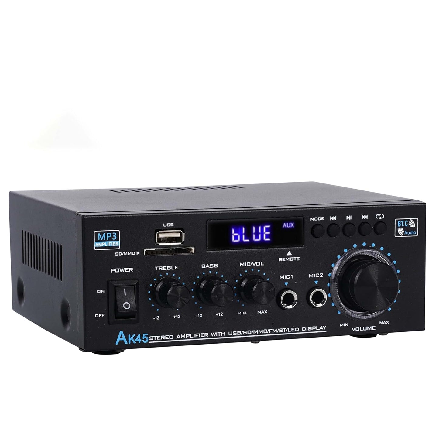 Stereo Receiver Amplifier Home Audio Amp, AK45 Bluetooth Receiver for Home Stereo, 300Wx2, Bluetooth 5.0, 2 Channel Amp with USB/SD/RCA/MIC/FM and Remote for Karaoke Party