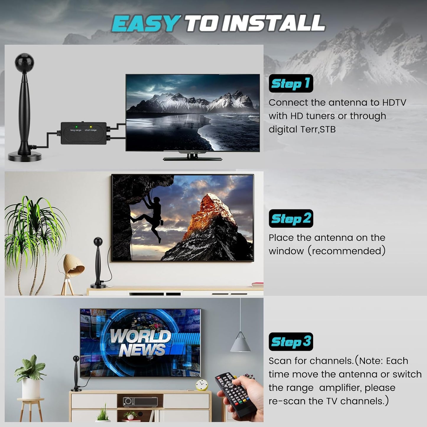 TV Antenna, TV Antenna Indoor for Local Channels, Antenna for Smart TV, Digital TV Antenna with Signal Booster, Long Range HD TV Antenna, Supports 4K 1080p, 18ft Coax HDTV Cable
