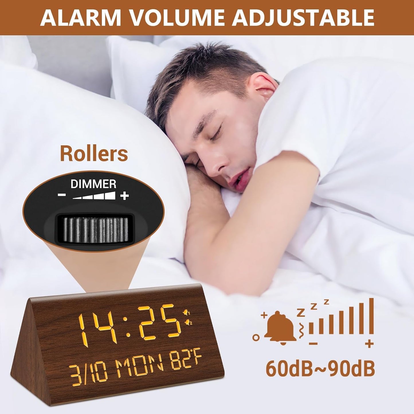 Kogonee Wooden Digital Alarm Clock, 0-100% Dimmer, 2 Alarm Settings, Weekday/Everyday Mode, 9 Mins Snooze, 12/24H, Temperature and Date Display for Office, Travel, Bedroom Alarm Clock (White)