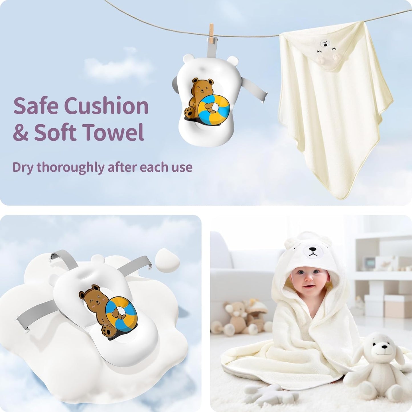 Kerbwry Baby Bathtub for Newborn to Toddler, Baby Bath Tub with Soft Towel and Floating Cushion, Baignoire Pour Bébé, Shower Essentials for Newborn (0-18 Months) Grey