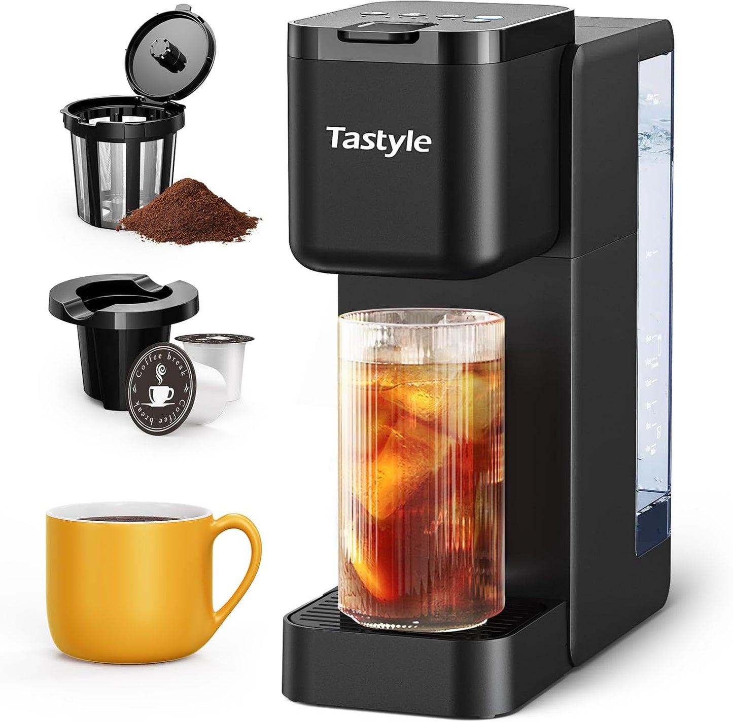 Tastyle Single Serve Hot & Iced Coffee Maker with Strong Brew, 40oz Removable Reservoir, 6 Brew Sizes, Compatible with K Cup and Grounds, Compact for Home, Office, RV and Dorm, BK, Black (2.0 Version)