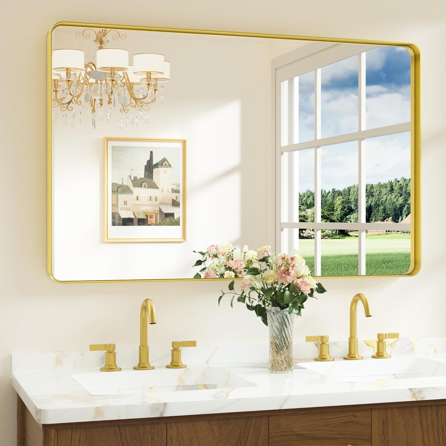 Keonjinn 42 x 36 Brushed Nickel Bathroom Vanity Mirror, Large Rounded Rectangle Bathroom Mirrors for over Sink, Metal Framed Silver Mirror for Wall, Shatterproof HD Tempered Glass(Horizontal/Vertical)