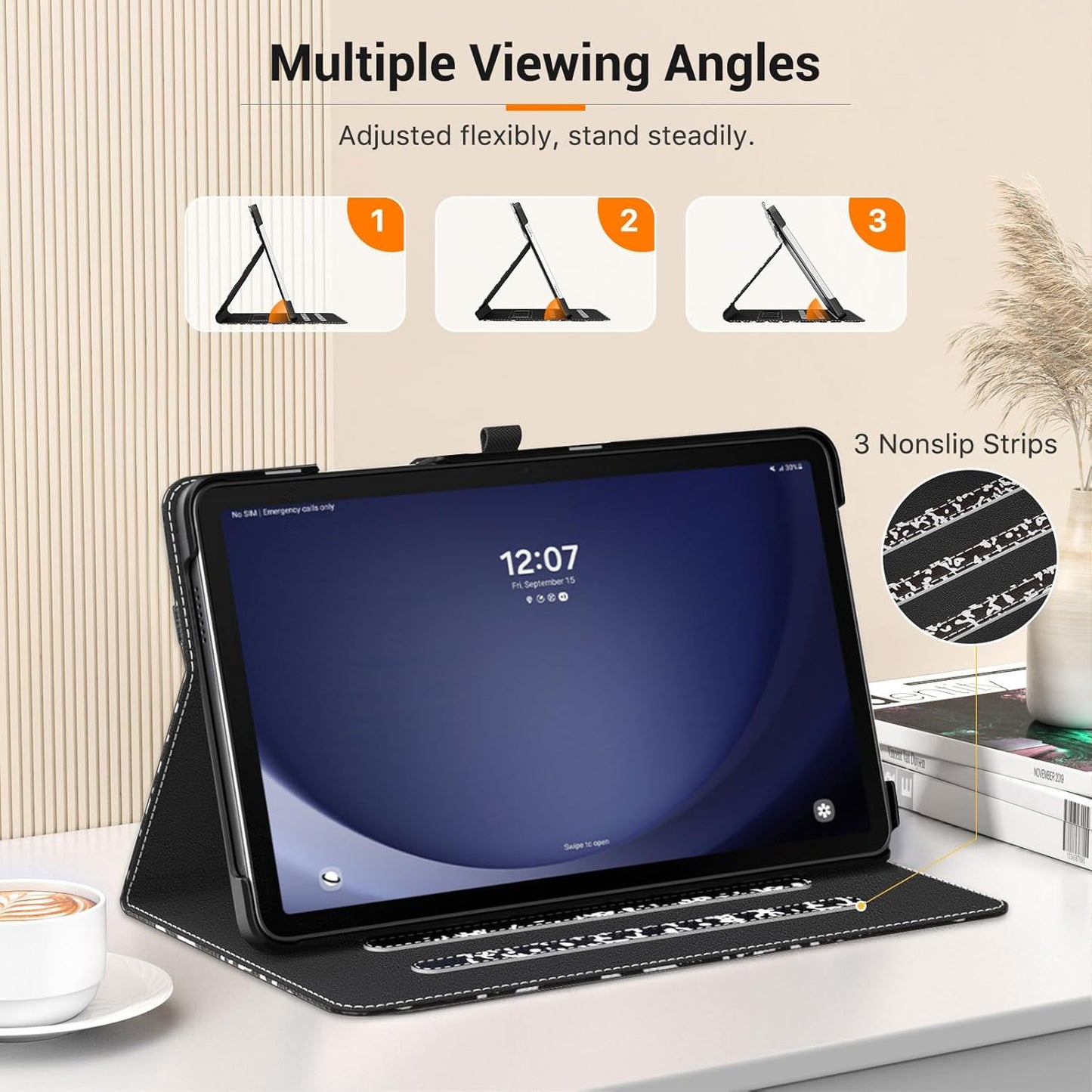 MoKo Case for Samsung Galaxy Tab A9 Plus 11" 2023 (SM-X210/SM-X216/SM-X218), PU Leather Multi-Angle Viewing Folding Stand Cover Case with Hand Strap, Front Pocket, Auto Wake/Sleep, Denim Blue & Brown