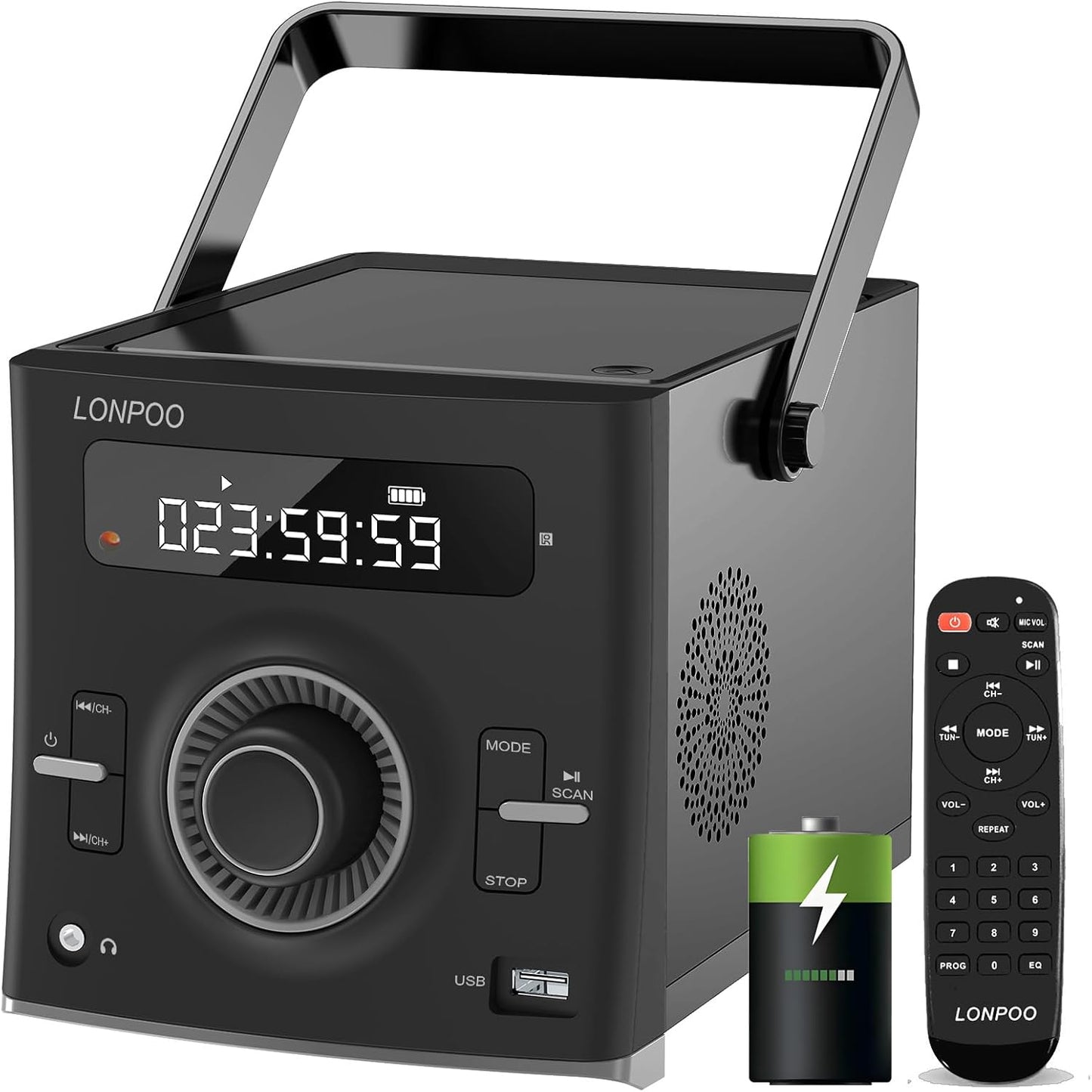 LONPOO Portable CD Player | Stereo Bluetooth Boombox | FM Radio Turn Knob | Auto Lid Open Button | Big LCD Display | Concealed Ports of USB/AUX/Earphone | Rear Power Protection Button (LP-D12)