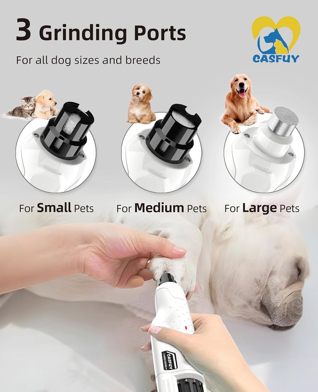 Casfuy Dog Nail Grinder Quiet - (45db)6-Speed Pet Nail Grinder with 2 LED Lights for Large Medium Small Puppy Dogs/Cats, Professional 3 Ports Rechargeable Electric Dog Nail Trimmer with Dust Cap(Blue)