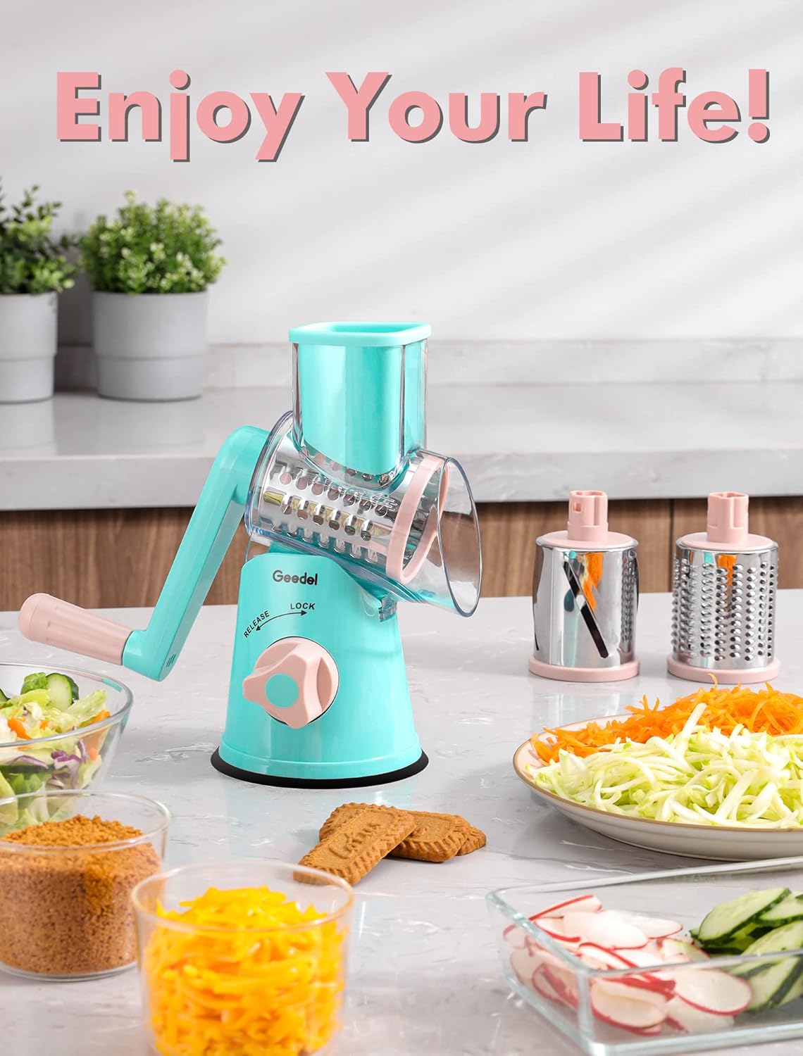 Geedel Kitchen Cheese Grater, Rotary Mandoline Vegetable Slicer with Interchangeable Blades, Easy to Use Rotary Grater Slicer for Fruit, Vegetables, Nuts