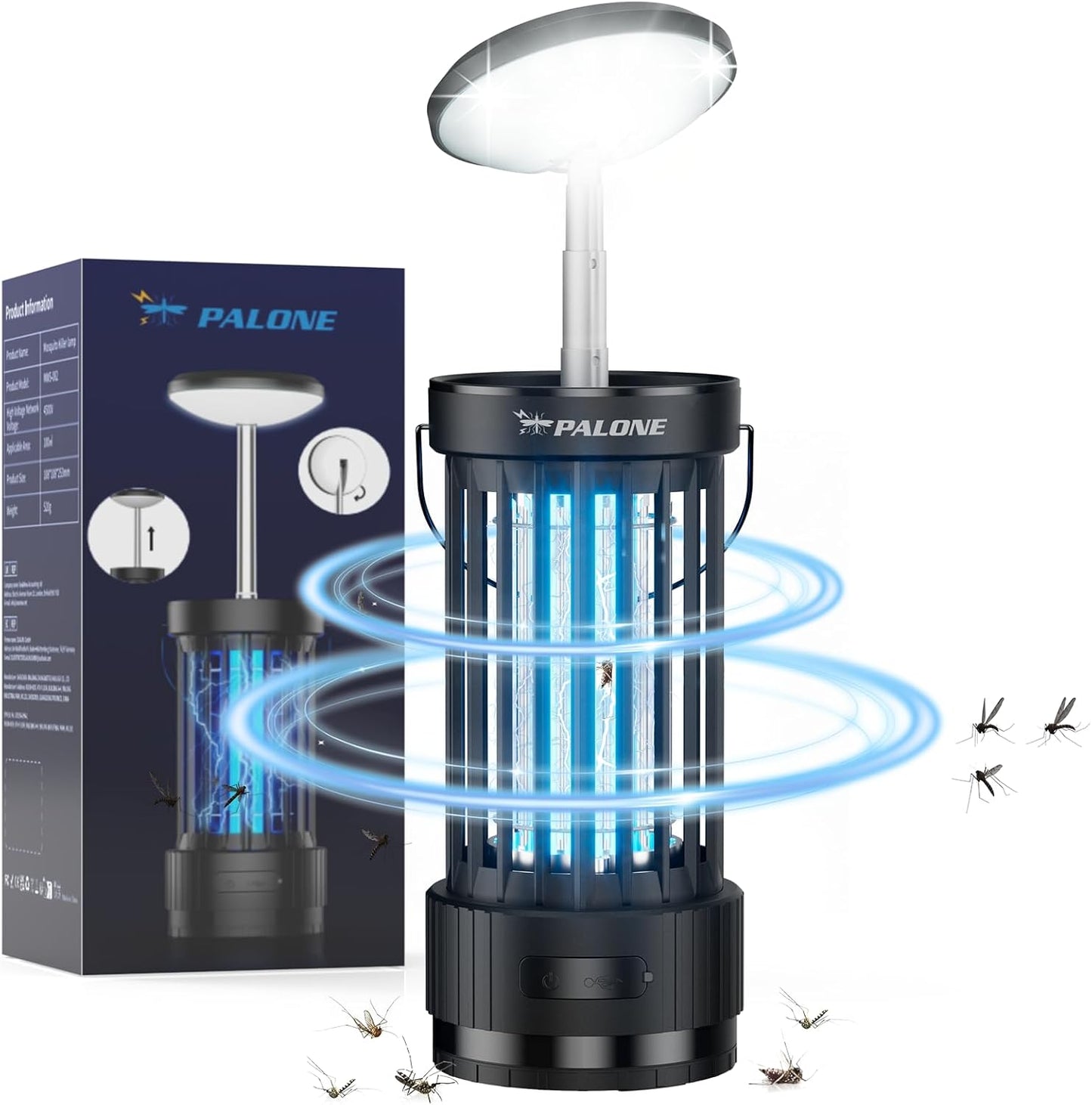 PALONE Bug Zapper, 4000mAh Electric Bug Zapper with LED Light, Retractable Fly Zapper with 3 Levels of Lighting Intensity Used for Indoor Outdoor