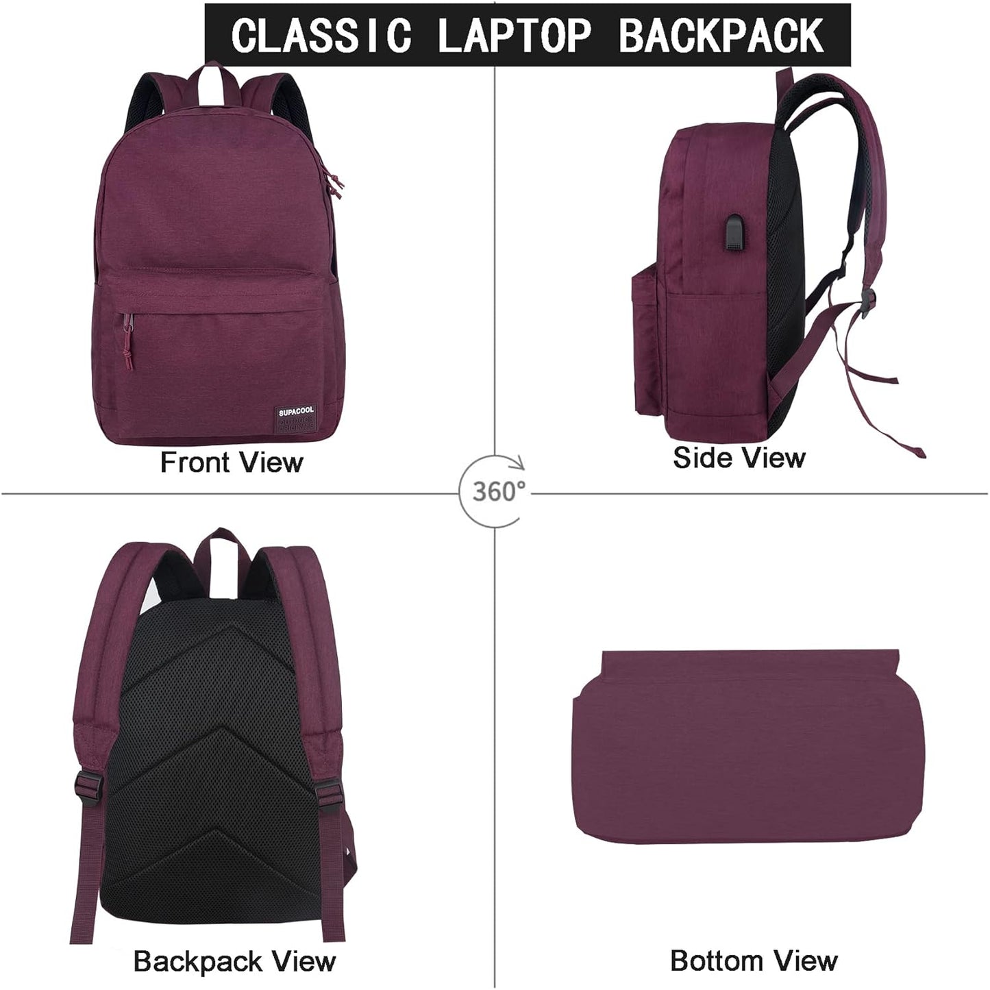 SUPACOOL Casual Laptop Backpack with USB Charging Port for Men and Women, School Bookbag for College, Lightweight Pack Back(Dark Black)