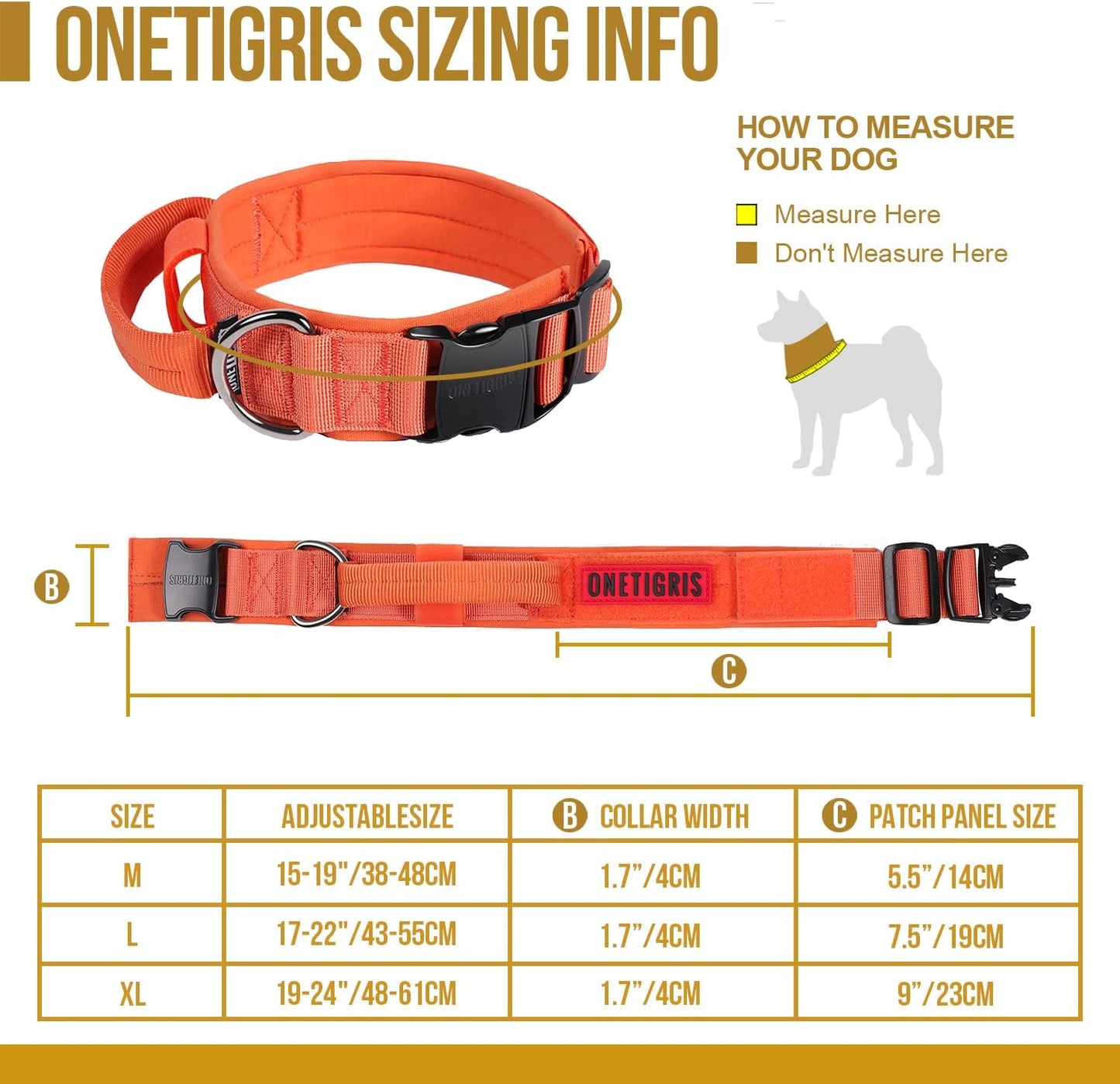 OneTigris Tactical Dog Collars with Handle,Military Dog Collar for Large Dog,Adjustable Nylon Collar German Shepherd Collar with Heavy Duty Metal Buckle for Dog Training and Walking (M, Orange)