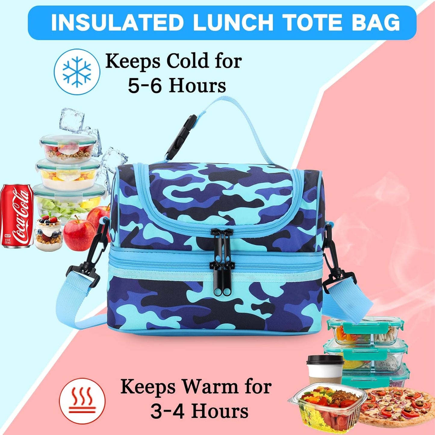VASCHY Lunch Box Bag Men, Insulated Two Compartments Bento Cooler Bags for Adults/Women/Kids for School,Daycare,Kindergarten,Picnic Black