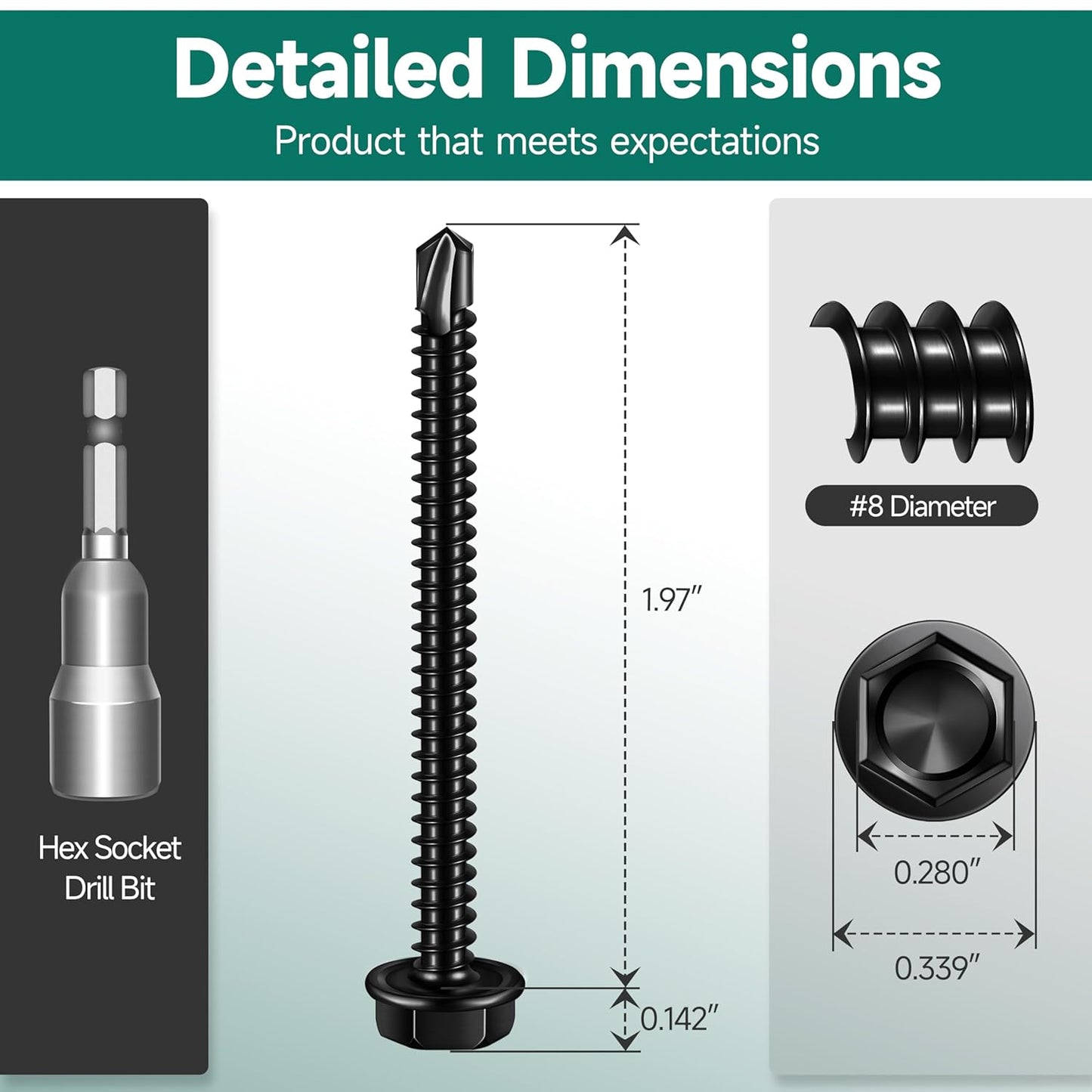 EASTPUK 100Pcs #8 x 1/2" Sheet Metal Screws, 410 Stainless Steel Self Drilling Hex Washer Head Self Tapping Screws for Metal with Drill Bit
