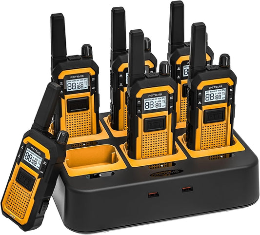Retevis RB48 Walkie Talkies for Adults, Heavy Duty 2 Way Radios Long Range with Six-Way Charger, IP67 Waterproof, Shock Resistant, Dual PTT, 2000mAh Battery Two Way Radio,Jobsite Construction(6 Pack)