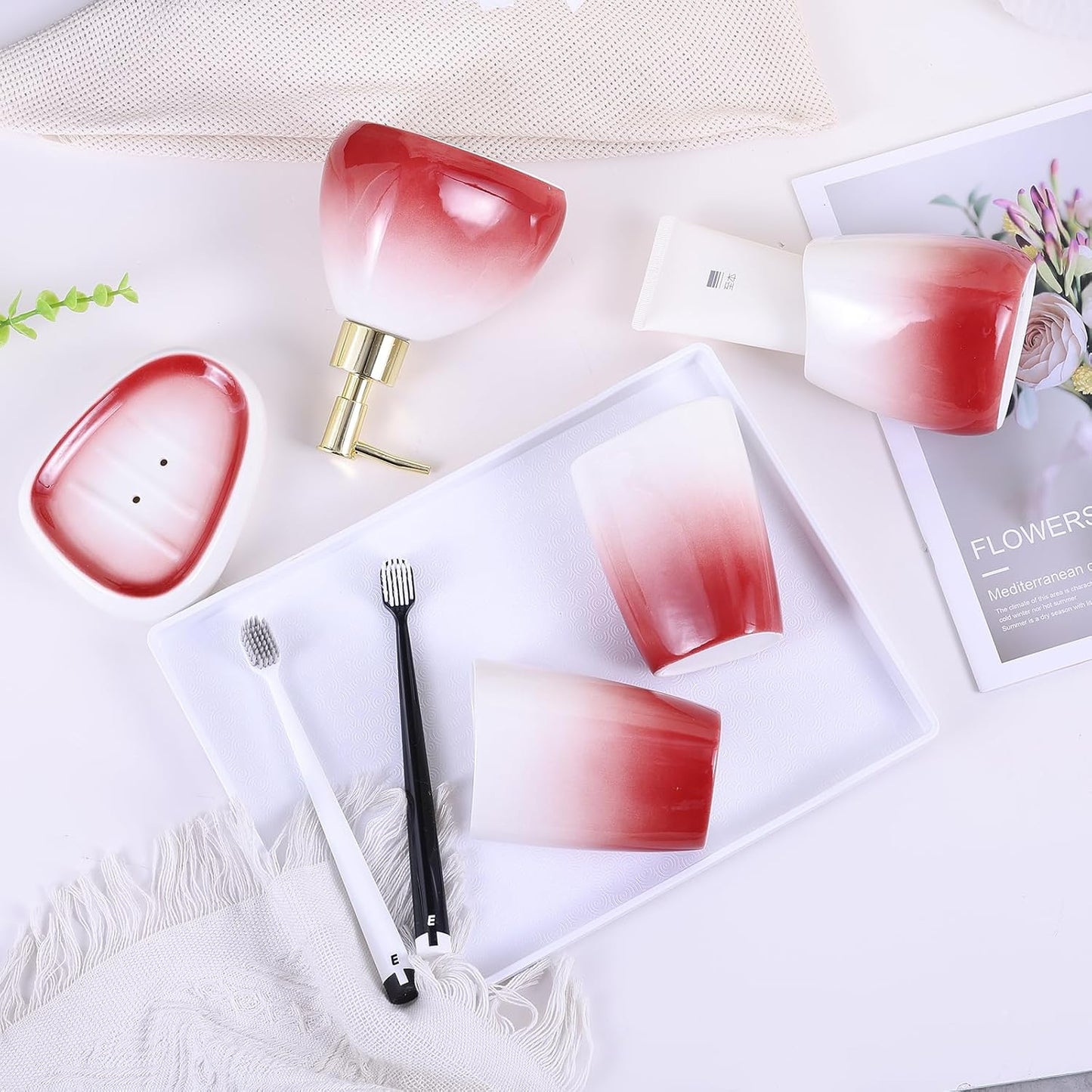 White Bathroom Accessories Set,Modern Countertop Bathroom Decor,Luxury 6 Piece Bathroom Accessory Set,Complete with Soap Dispenser,Toothbrush Holder,Tumbler,Tray