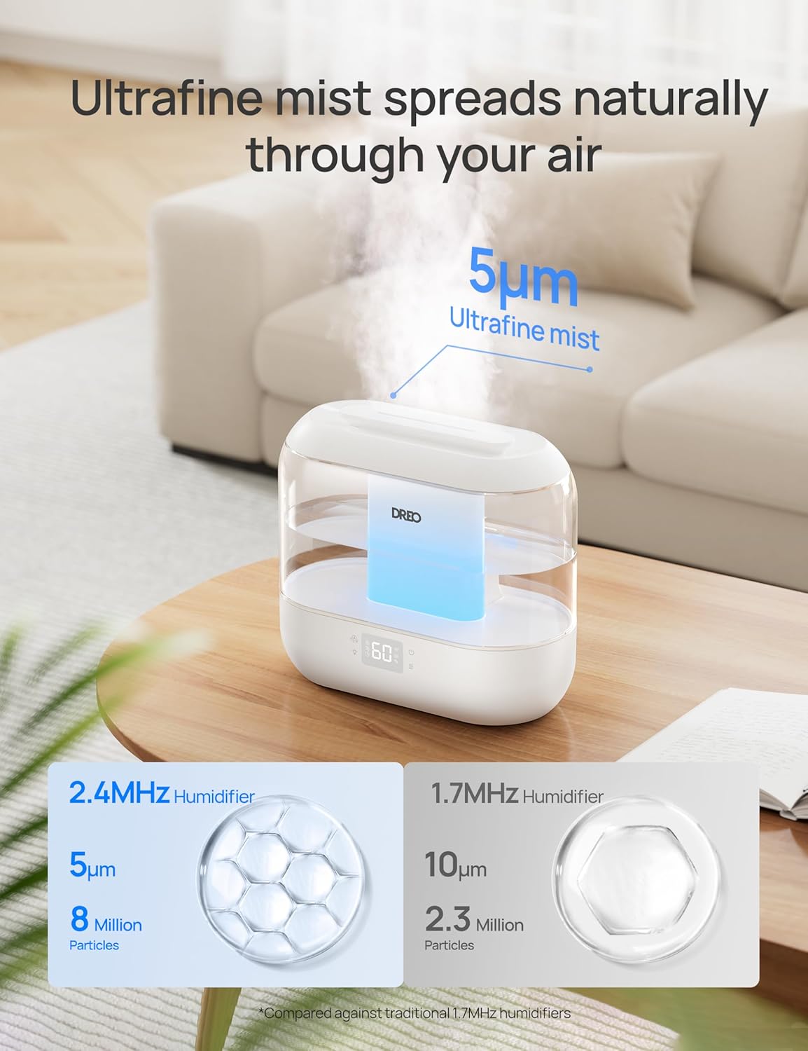 Dreo Smart Humidifiers for Bedroom, Top Fill 4L Supersized Cool Mist Humidifier with Nightlight, 36H Runtime, Touch/APP/Voice Control, 28 dB Quiet Ultrasonic Humidifiers for Large Room, Baby, Plants