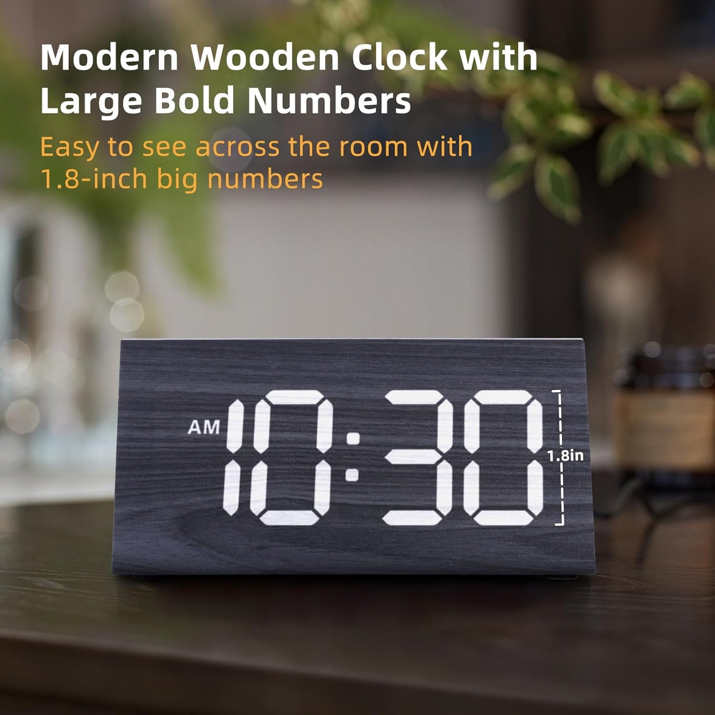 Odokee Wooden Digital Alarm Clock for Bedroom: Electric Desk Clock with Large LED Display - Brown