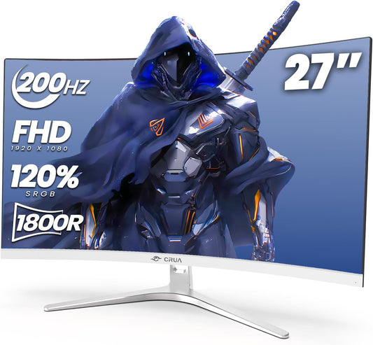 CRUA 27 Inch Curved Gaming Monitor 200Hz/144Hz, FHD 1920X1080P 1800R White Computer Monitor, VA Screen,1ms GTG with FreeSync, Eye Care, HDMI & Displayport, Wall Mountable, Tilt Adjustable