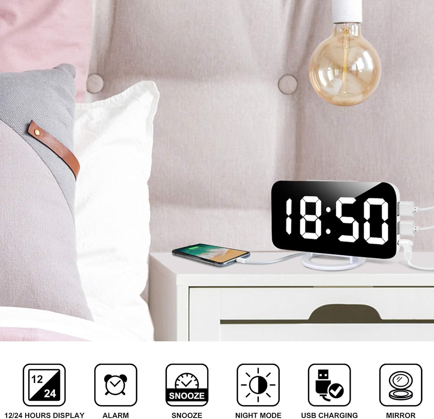 Digital Alarm Clock,Large LED Mirror Display, 2 USB Charging Ports,Auto Dim Mode,Modern Design Clock for Bedroom Office, White