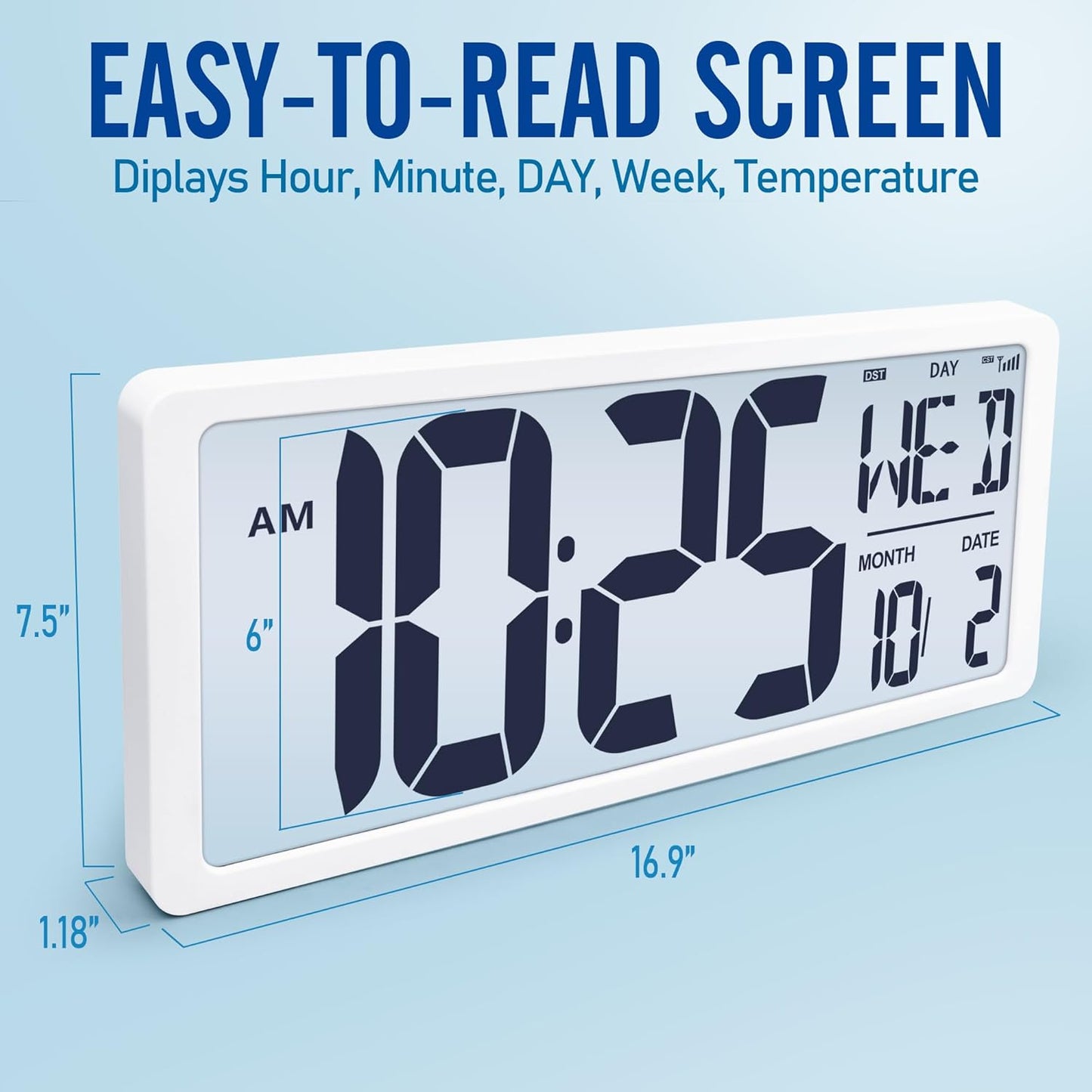 KMMKGG 15" Large Digital Wall Clock Battery Operated, Digital Clock Display with Day, Date & Temperature, Large Wall Clock for Bedroom, Livingroom, Office(4.6" Numbers)